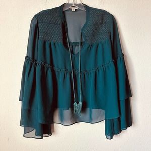 Ecote Sheer Boho Bell Sleeve Turquoise Blouse Sz S